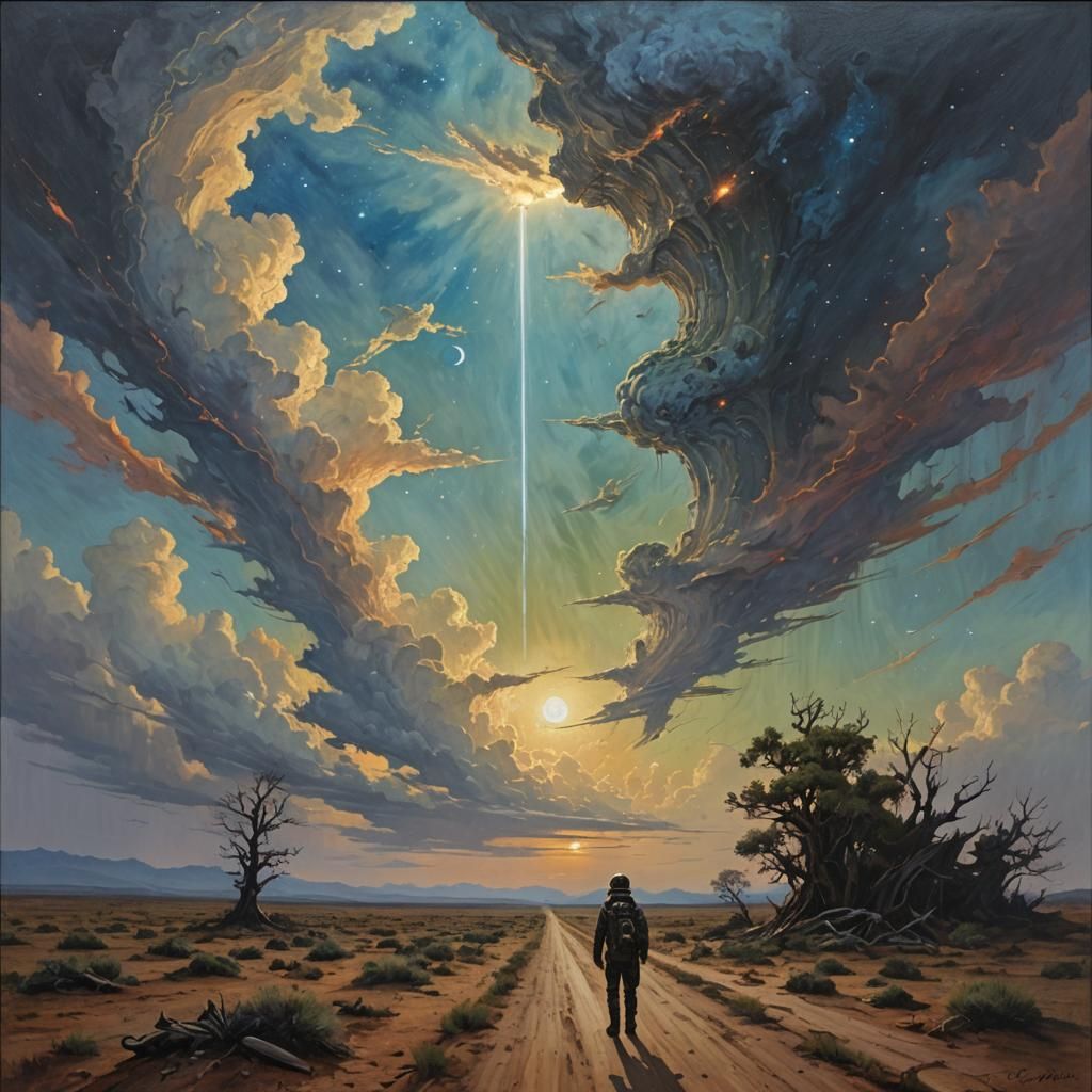 Melancholic Figures Gazing Skyward in Oil Painting Style