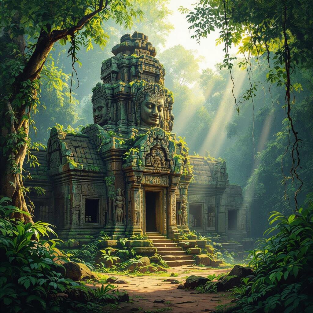 Serene Jungle Temple in Soft Sunlight