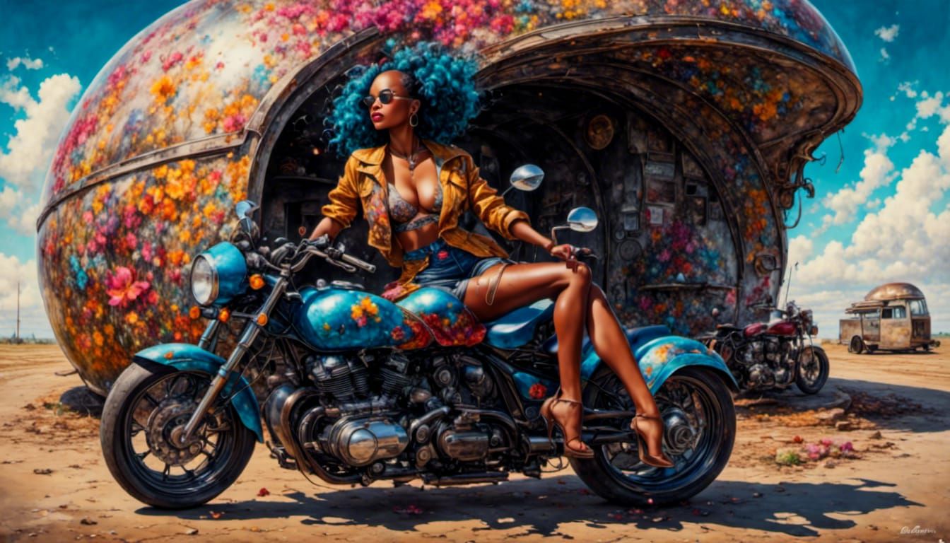 Futuristic Black Woman on Space Motorbike