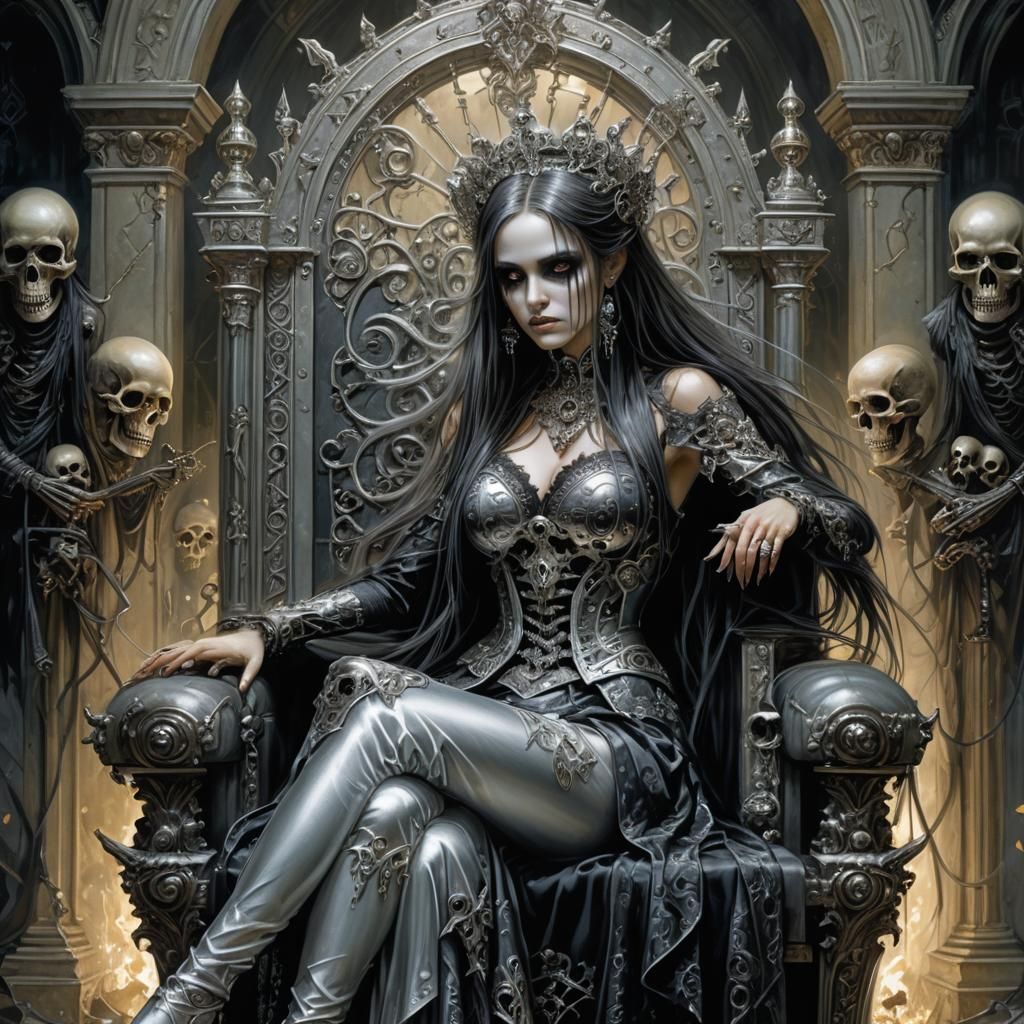 Gothic Emo Girl on Throne with Silver Skulls