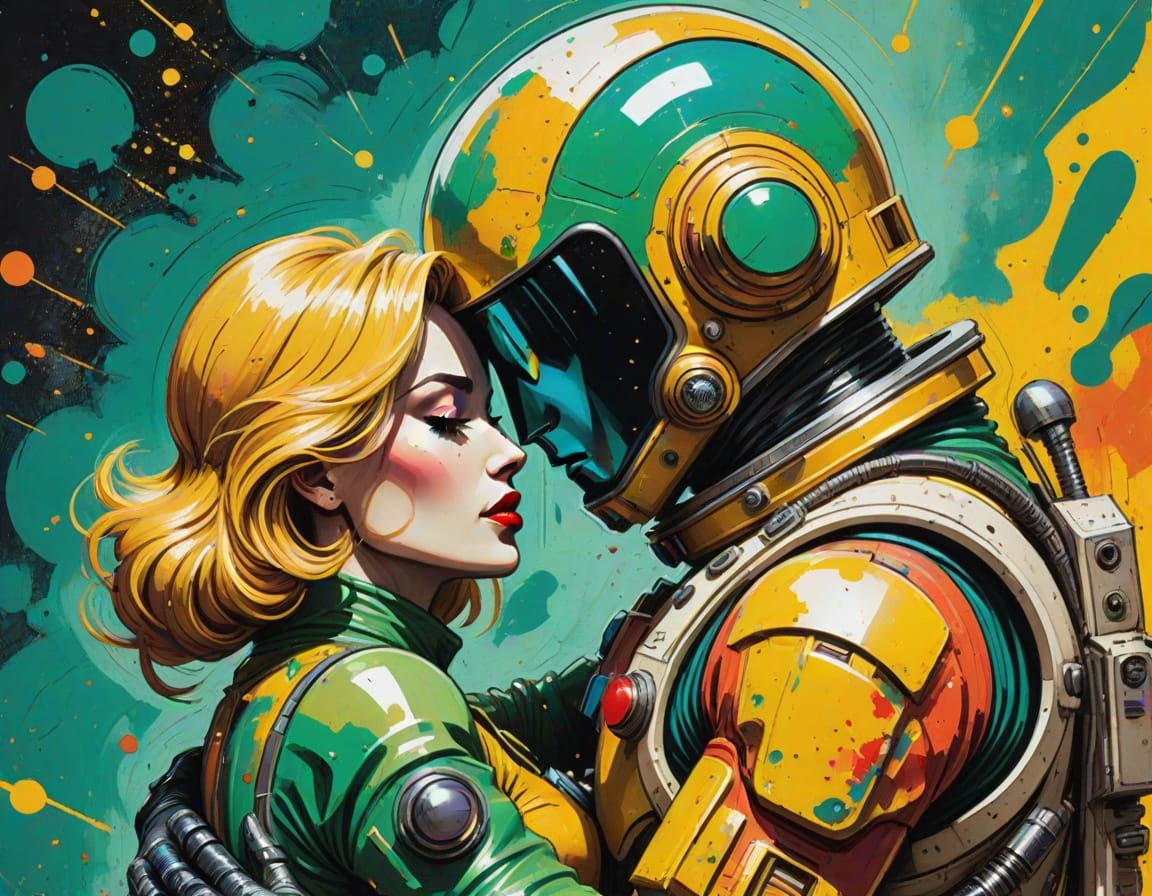 Expressionist Spaceman and Woman Embrace in Comic Style