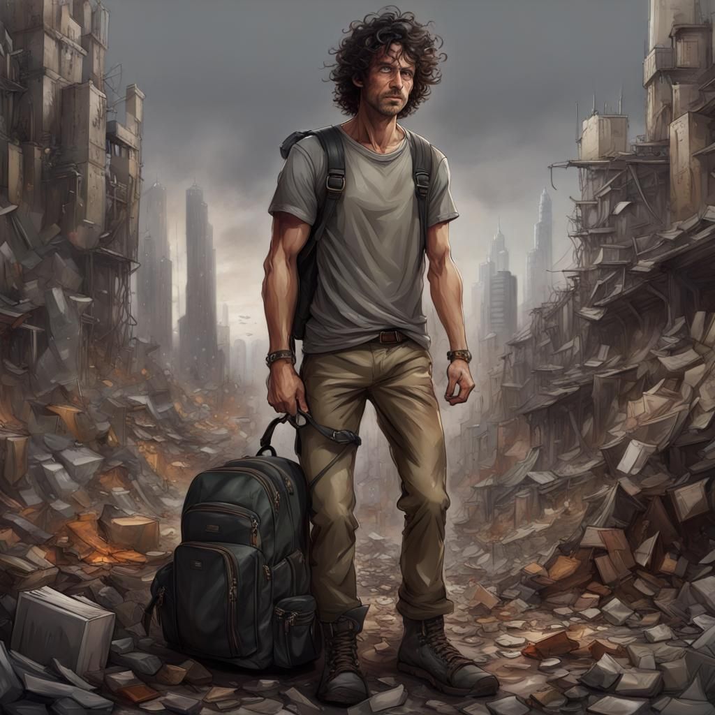 Tired Man with Backpack: Detailed Fantasy Art