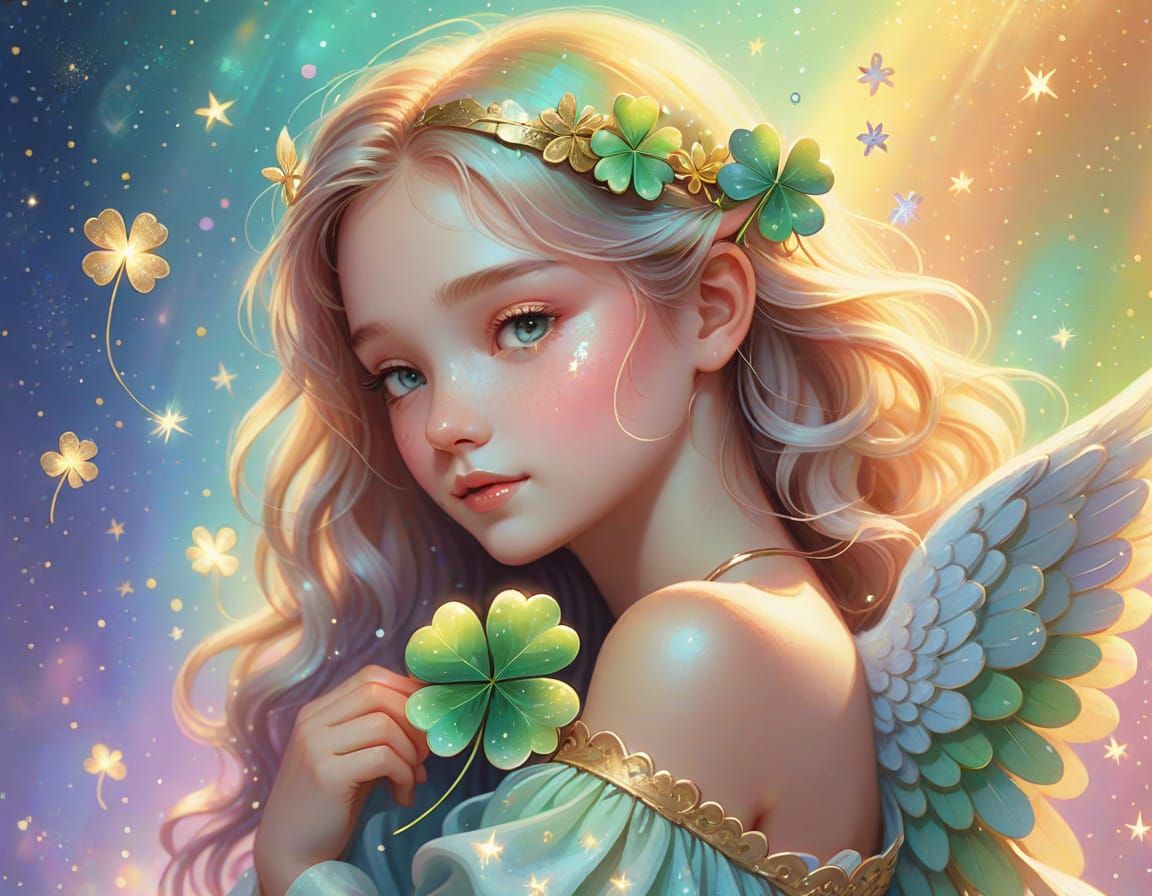 Whimsical Angel with Clover Fantasy Illustration