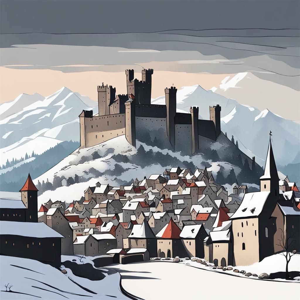 Medieval Town at Foot of Snowy Mountains