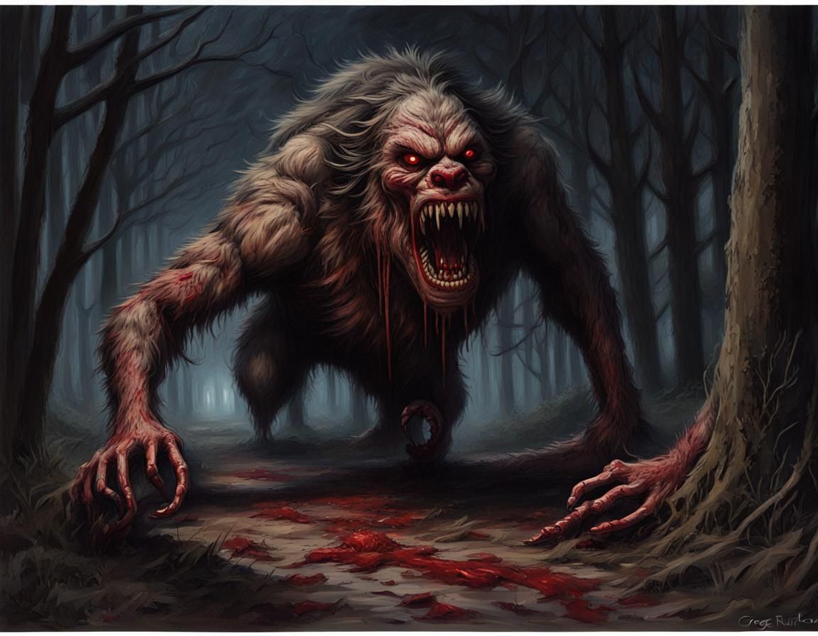 Fanged Beast Crawling in Dark Woods: Horror Scene