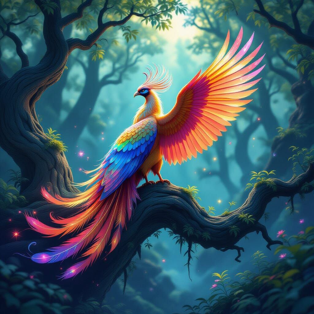 Cosmic Phoenix Perched in Mystical Forest