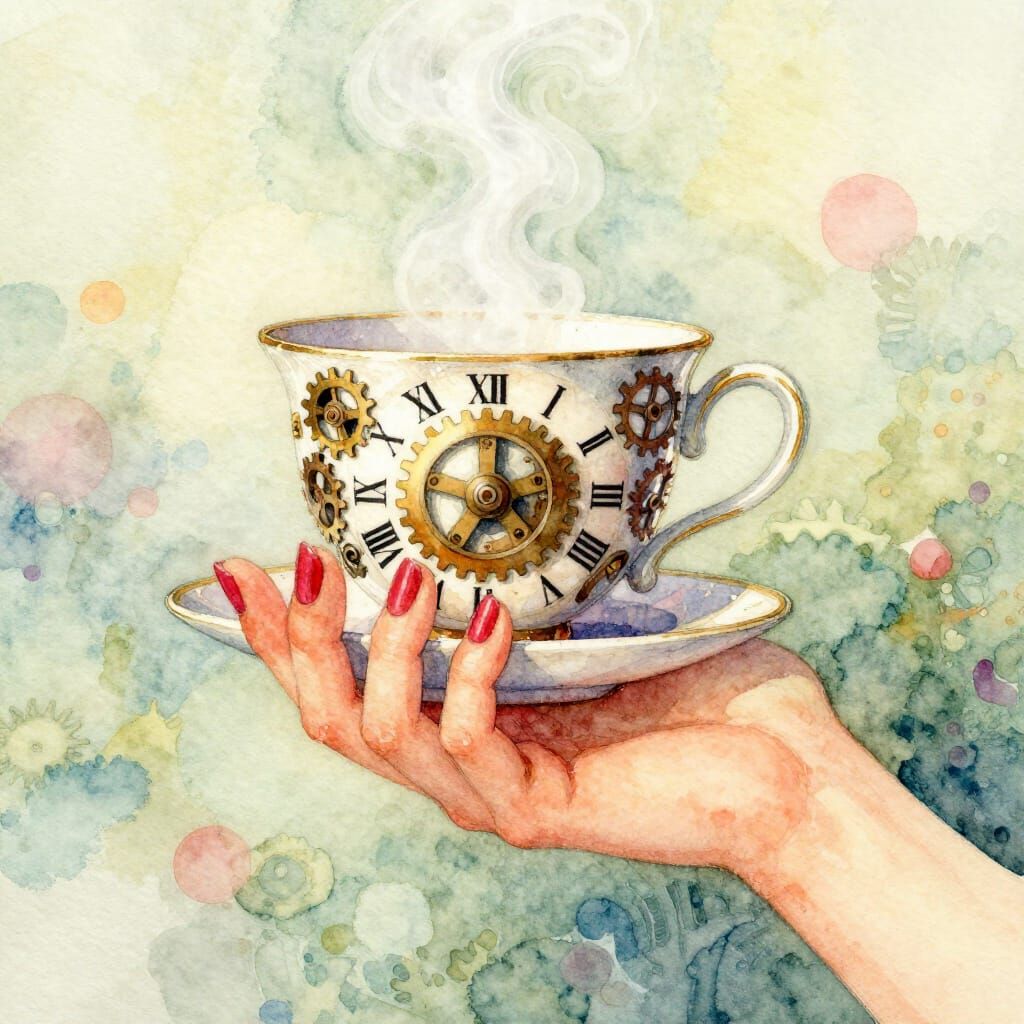 Whimsical Watercolor Cartoon Hand Holding Clockwork Teacup