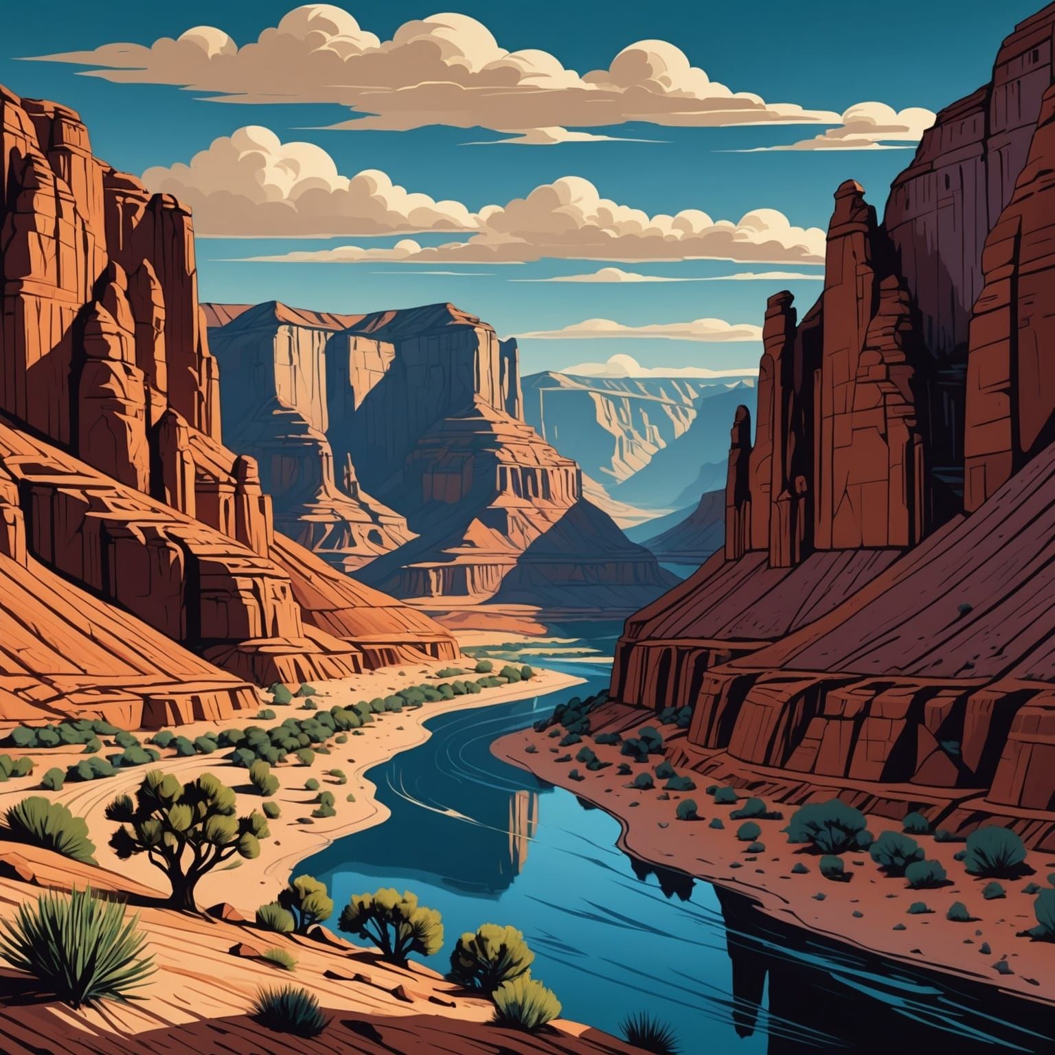 Southwest Landscape in Woodcut Style