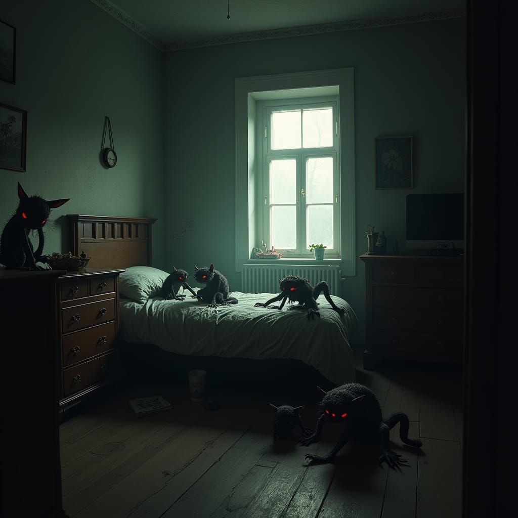 Grotesque Depression Monsters in Dimly Lit Bedroom
