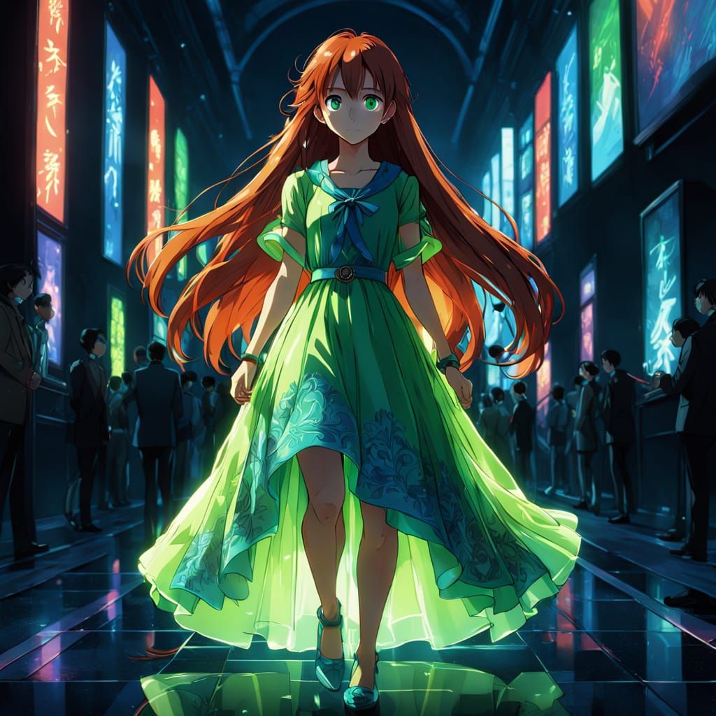 Anime Woman in Shimmering Glass Dress on Red Carpet