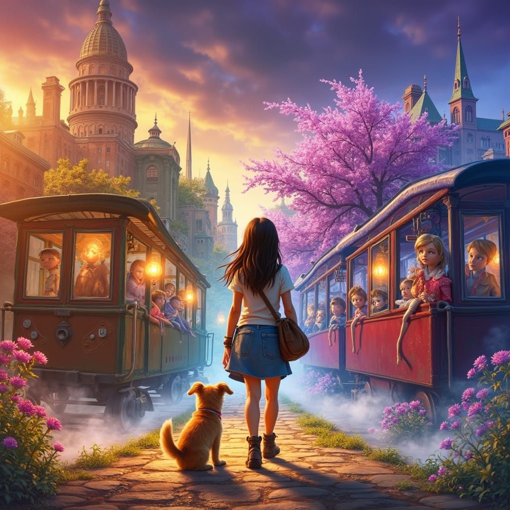 Vintage Train Departure: A Fantastical Matte Painting