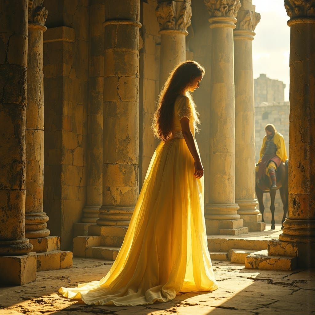 Medieval Lady Kriemhild in Golden Organza Gown, Gazing at Si...