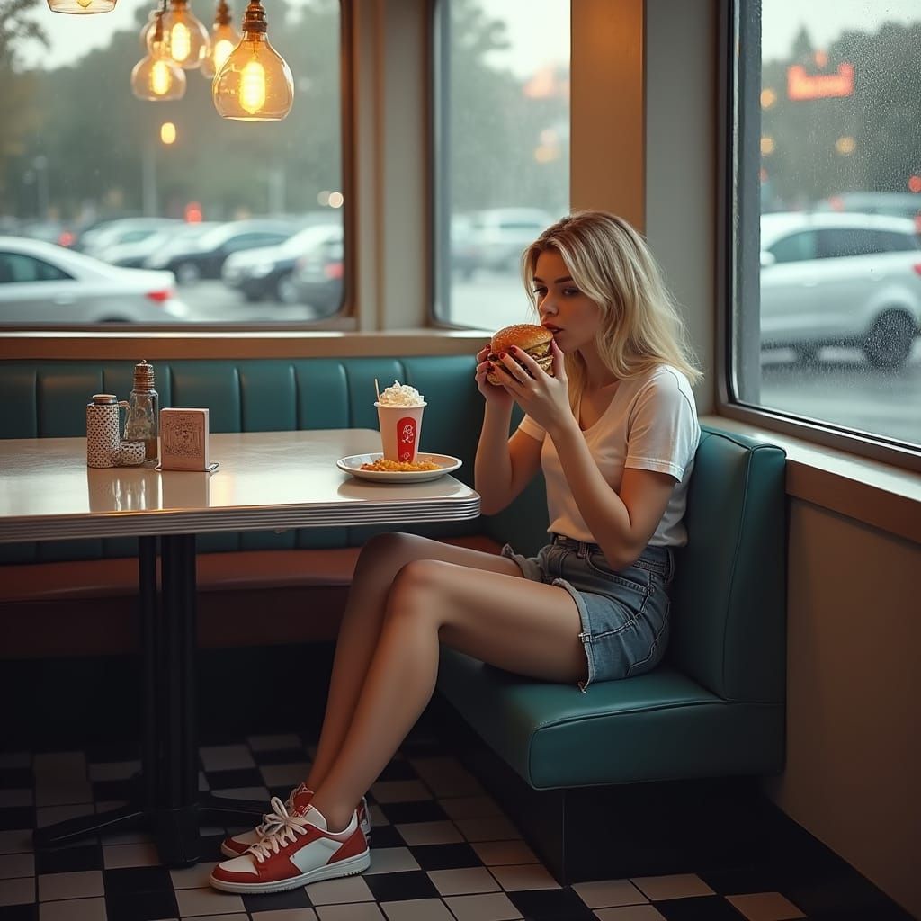 Hyper Realistic Photo of Woman Eating Burger in Diner