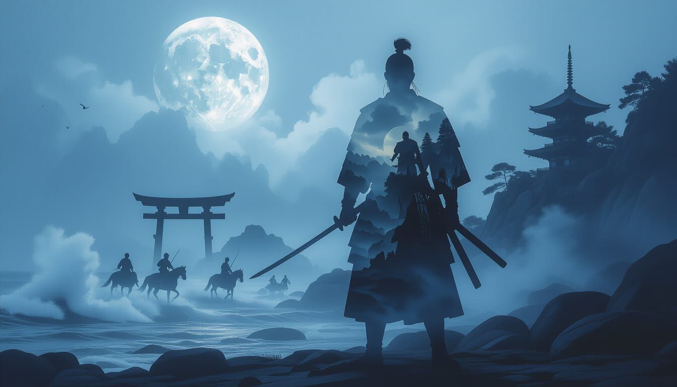 Samurai Warrior Double Exposure in Misty Moonlit Battle Scen...