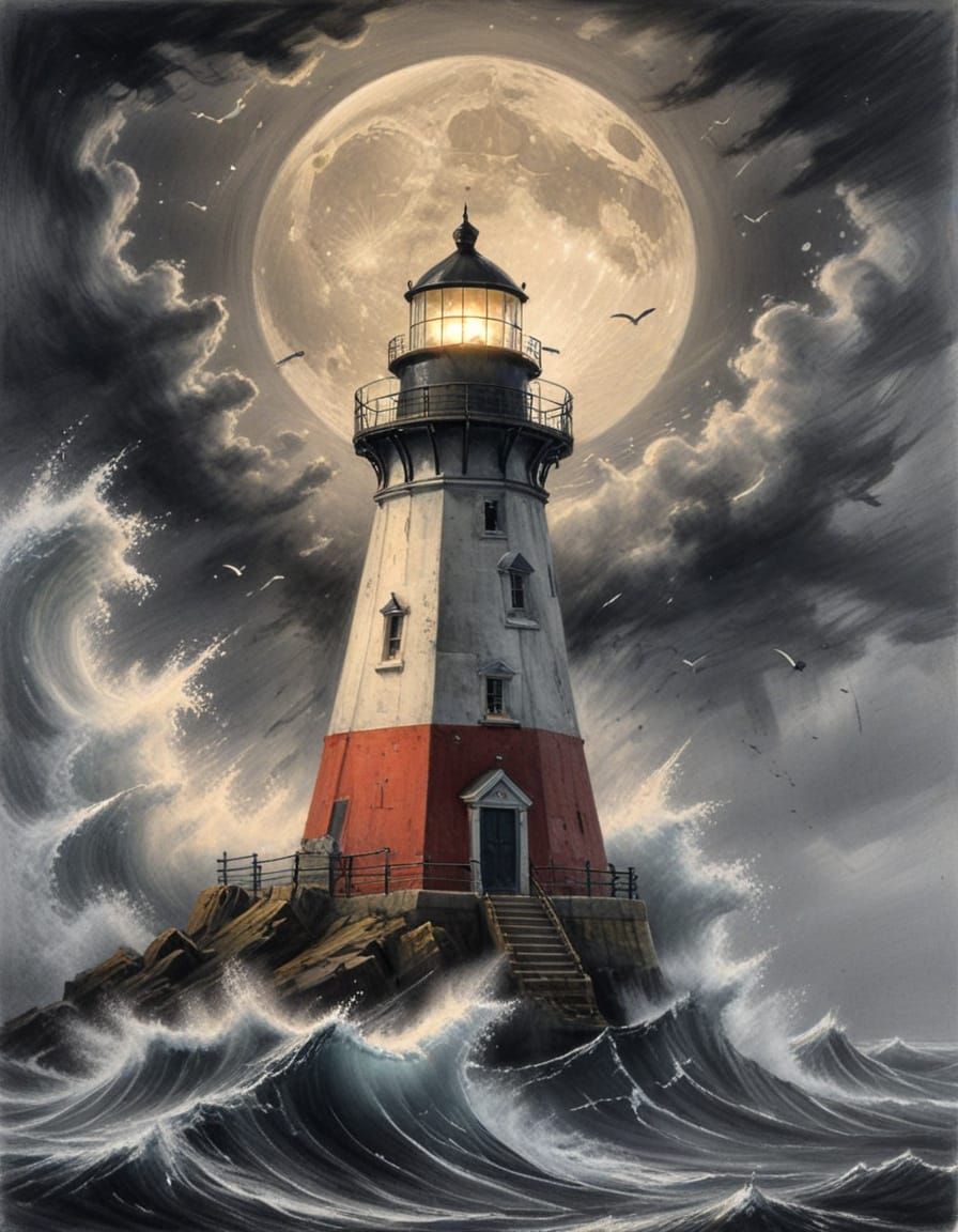 Lighthouse in Ocean Storm: Charcoal and Pencil Sketch