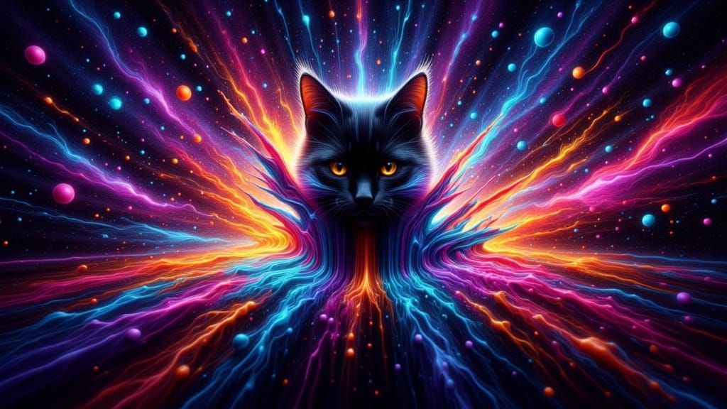 Black Cat Exploding with Neon Galaxy Fur