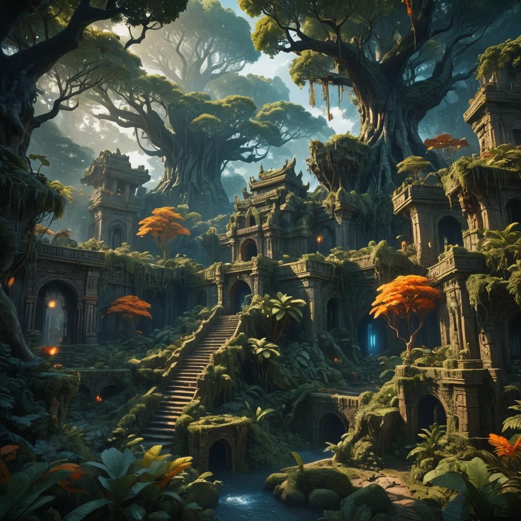 Mystical Tree City in a Jungle Matte Painting