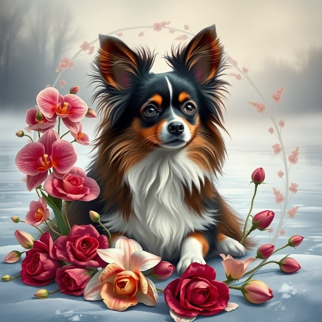 Papillon Dog on Frozen Lake with Flowers
