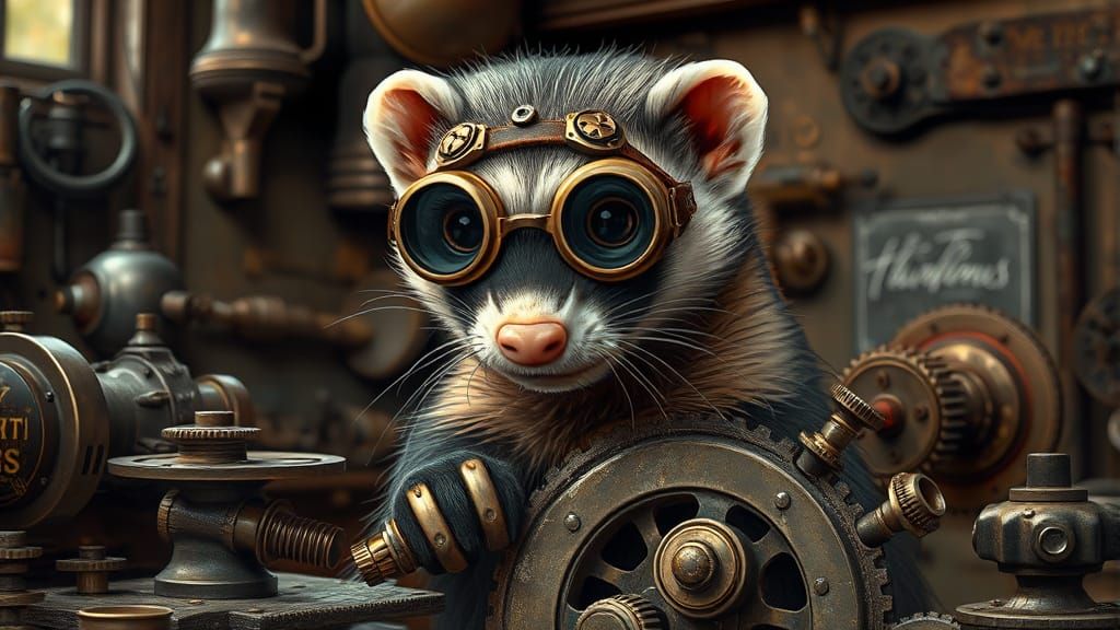 A steampunk-inspired ferret wearing goggles