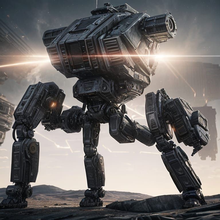 Epic Sci-Fi Mech in Polished Metal with Cinematic Background