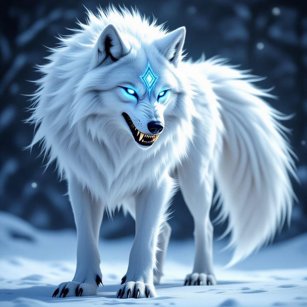Majestic White Wolf with Glowing Eyes and Electric Aura