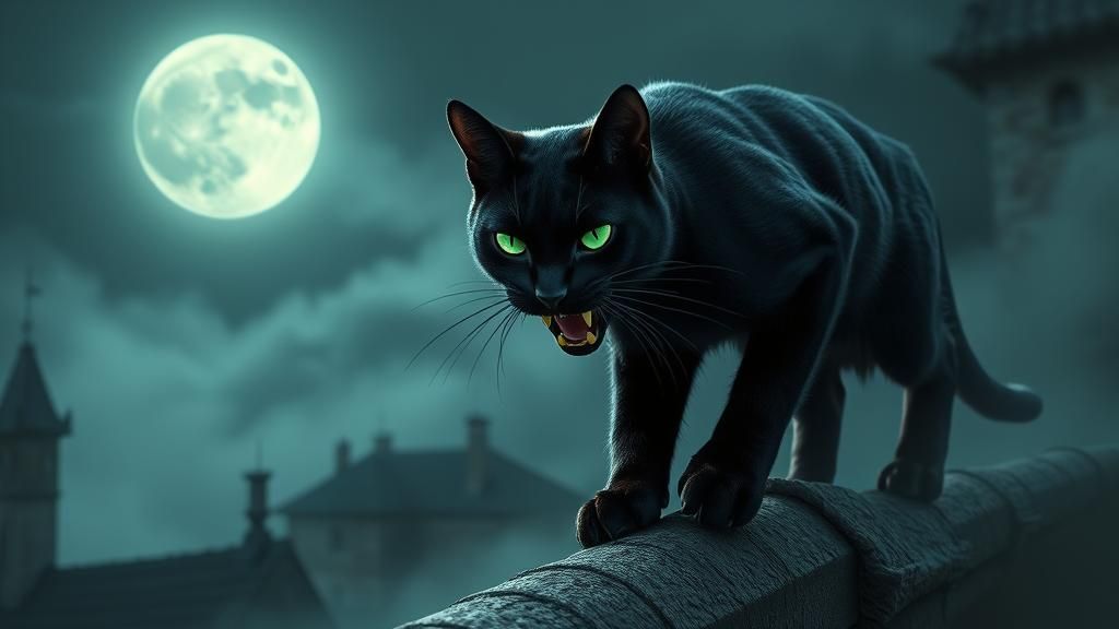 Menacing Black Cat Ready to Leap, Hyper-Realistic Art