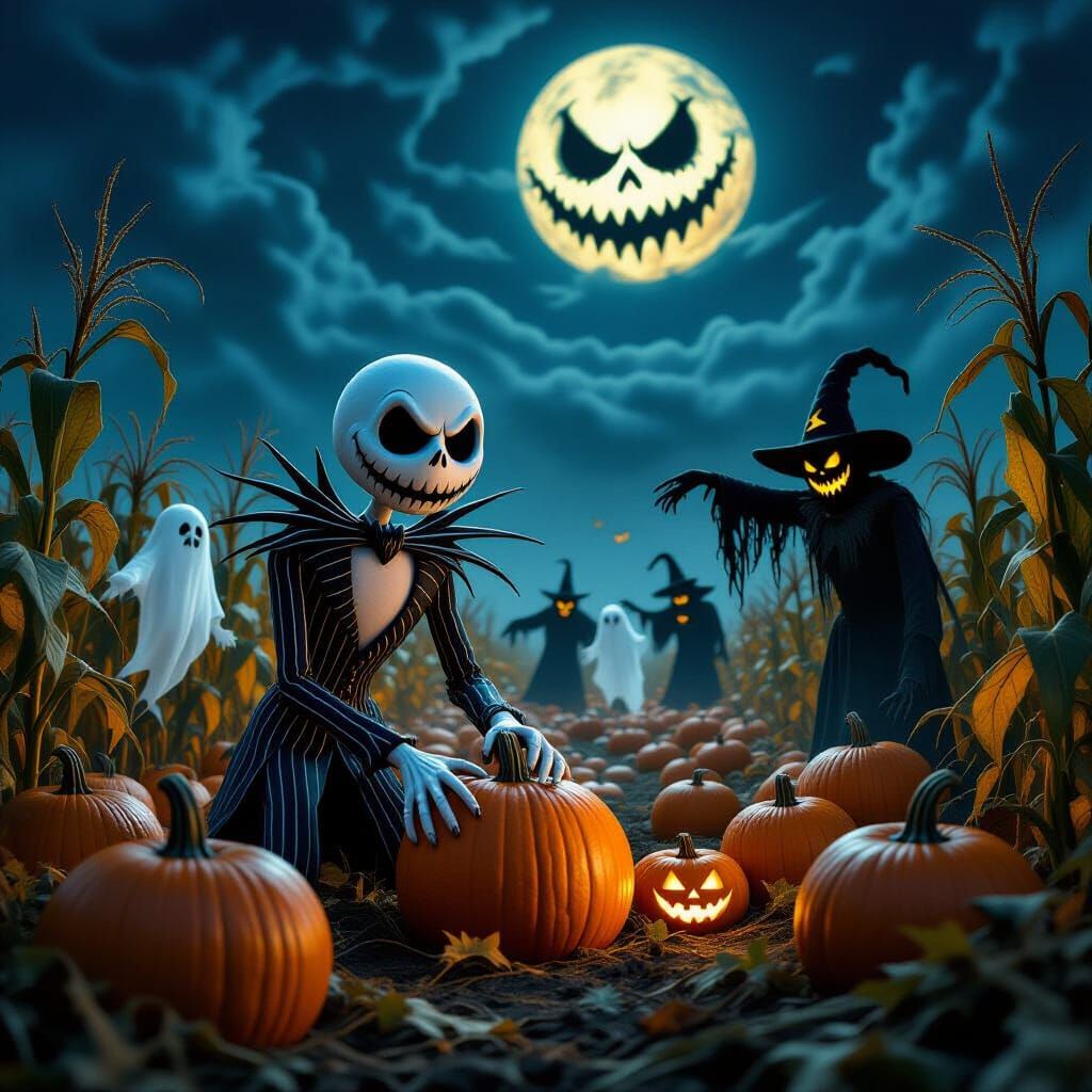 Grim Jack Skellington Harvests Pumpkins in Haunted Maze