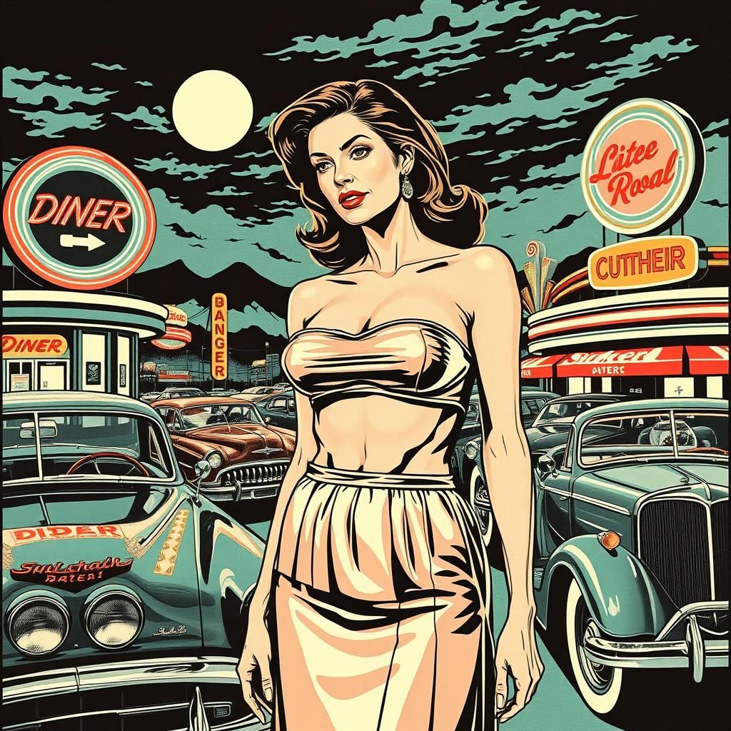Vintage Diner Scene with Hot Rods, Woodcut Style