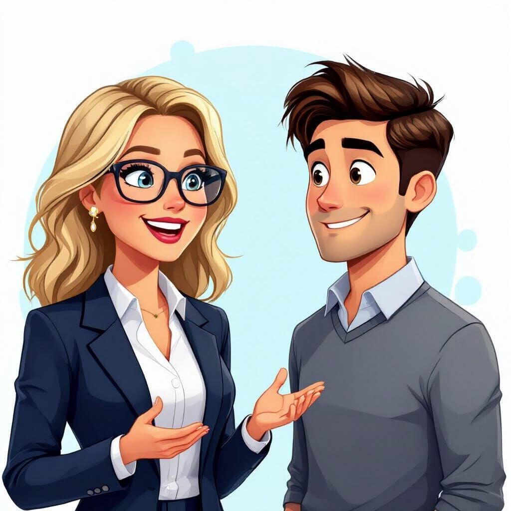 Woman in Navy Suit Speaking, 3D Cartoon Style