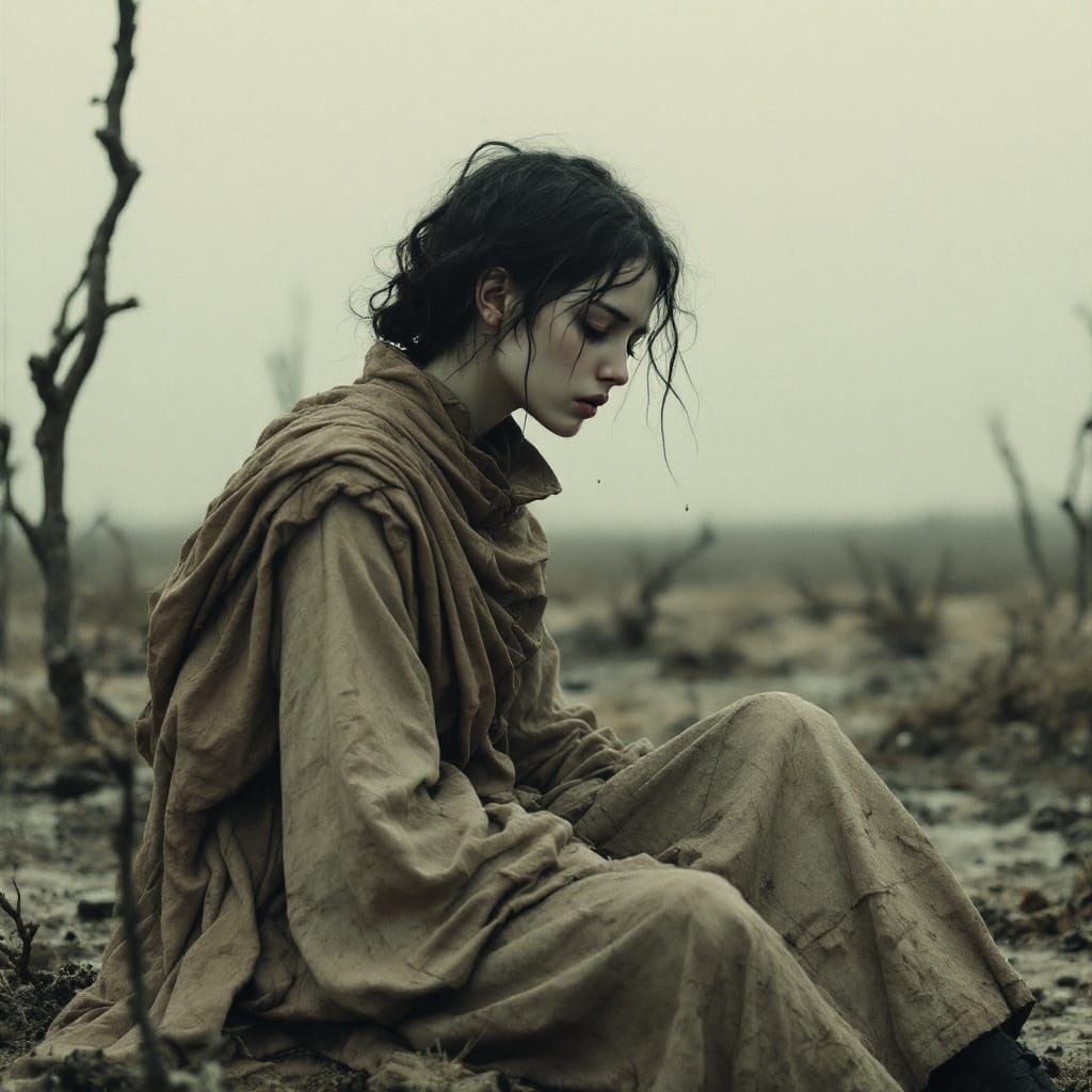 Solitary Figure's Tear in a Desolate Landscape