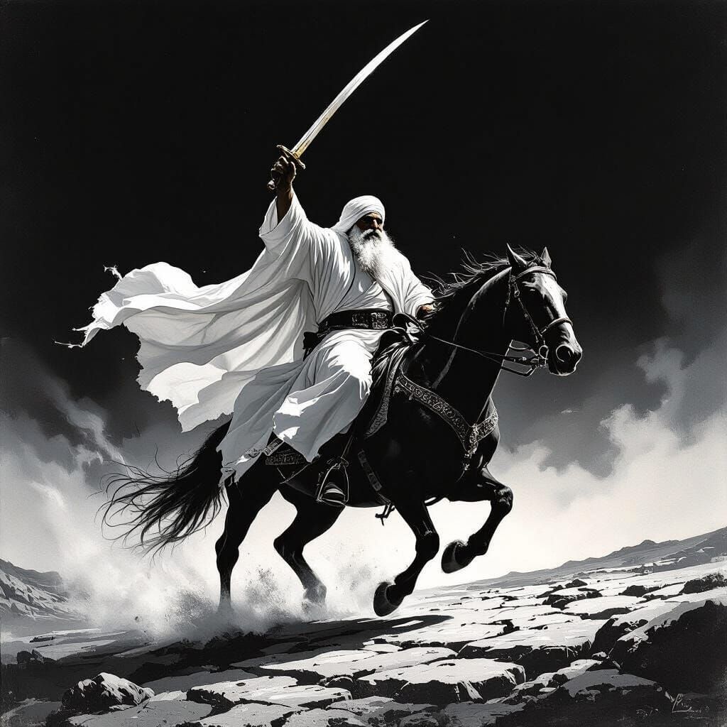 Epic Fantasy Knight Waving Sword Over Black and White Landsc...