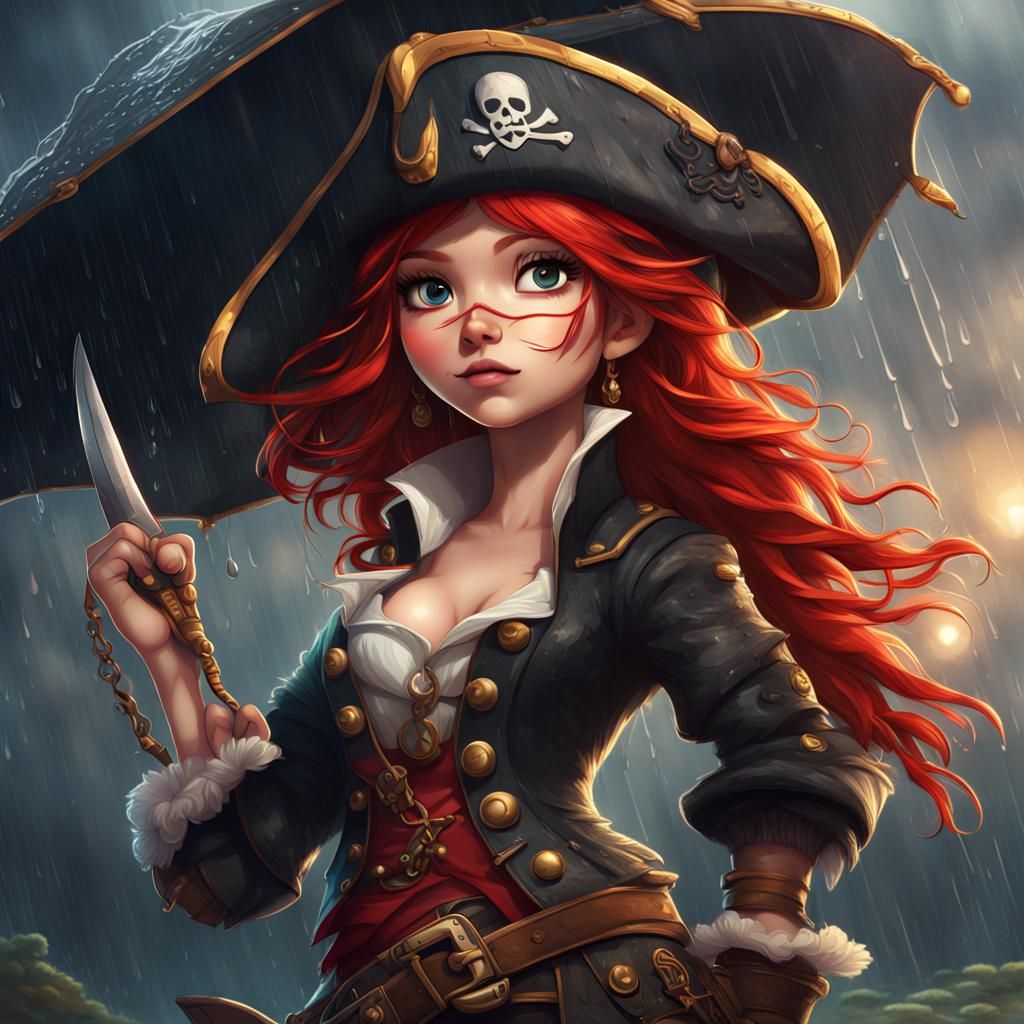 Red-Haired Pirate Woman in Chibi Pixar Style