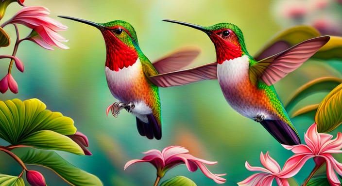 Detailed Reddish-Purple Hummingbirds on Flowers