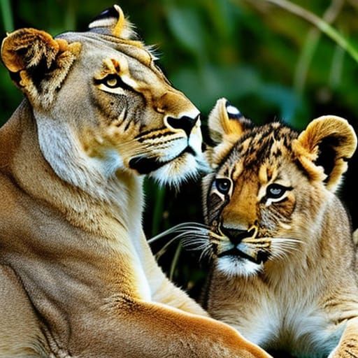 Lioness and Cub with Broken Glass Effect