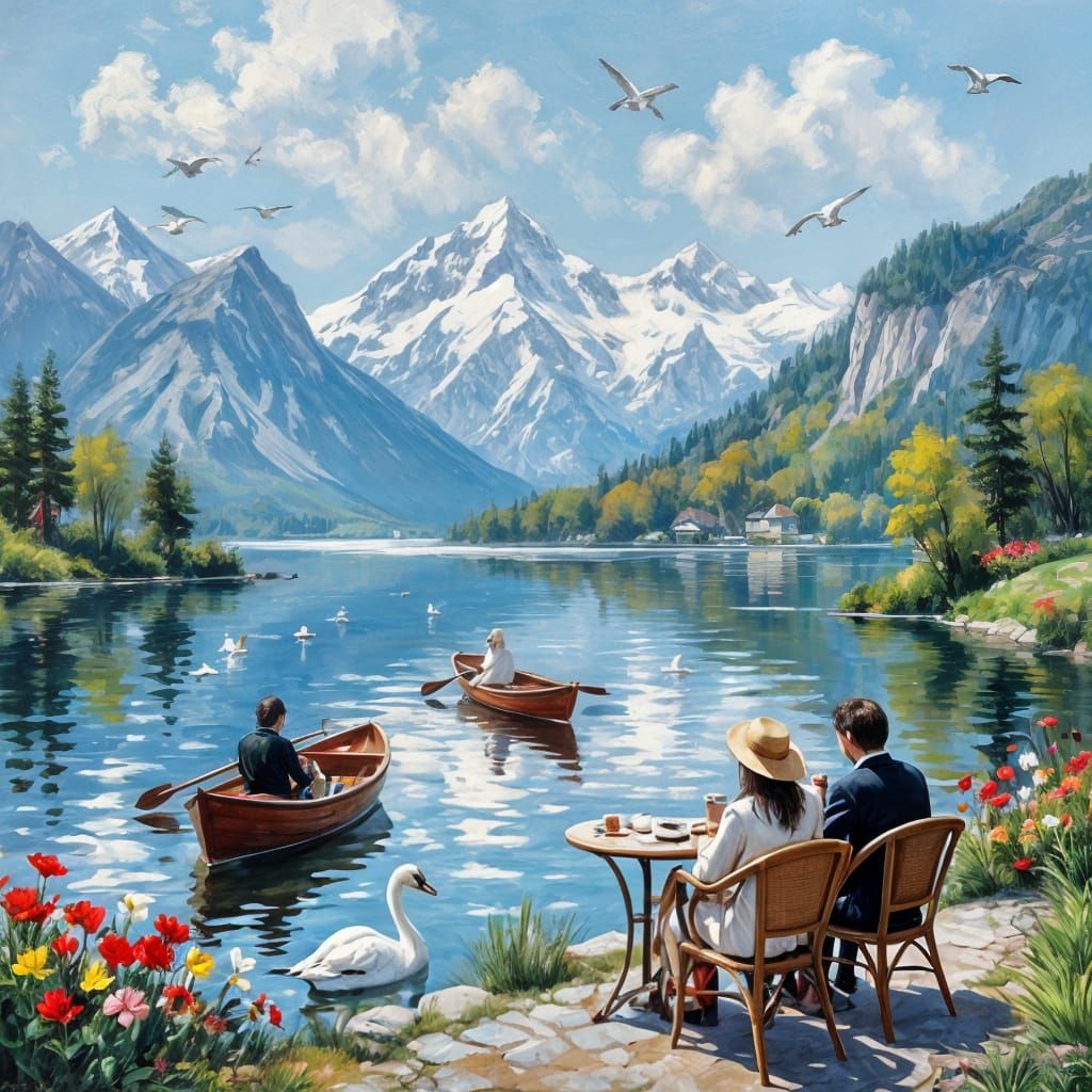 Paradise Valley With Swans and Mountain Peaks