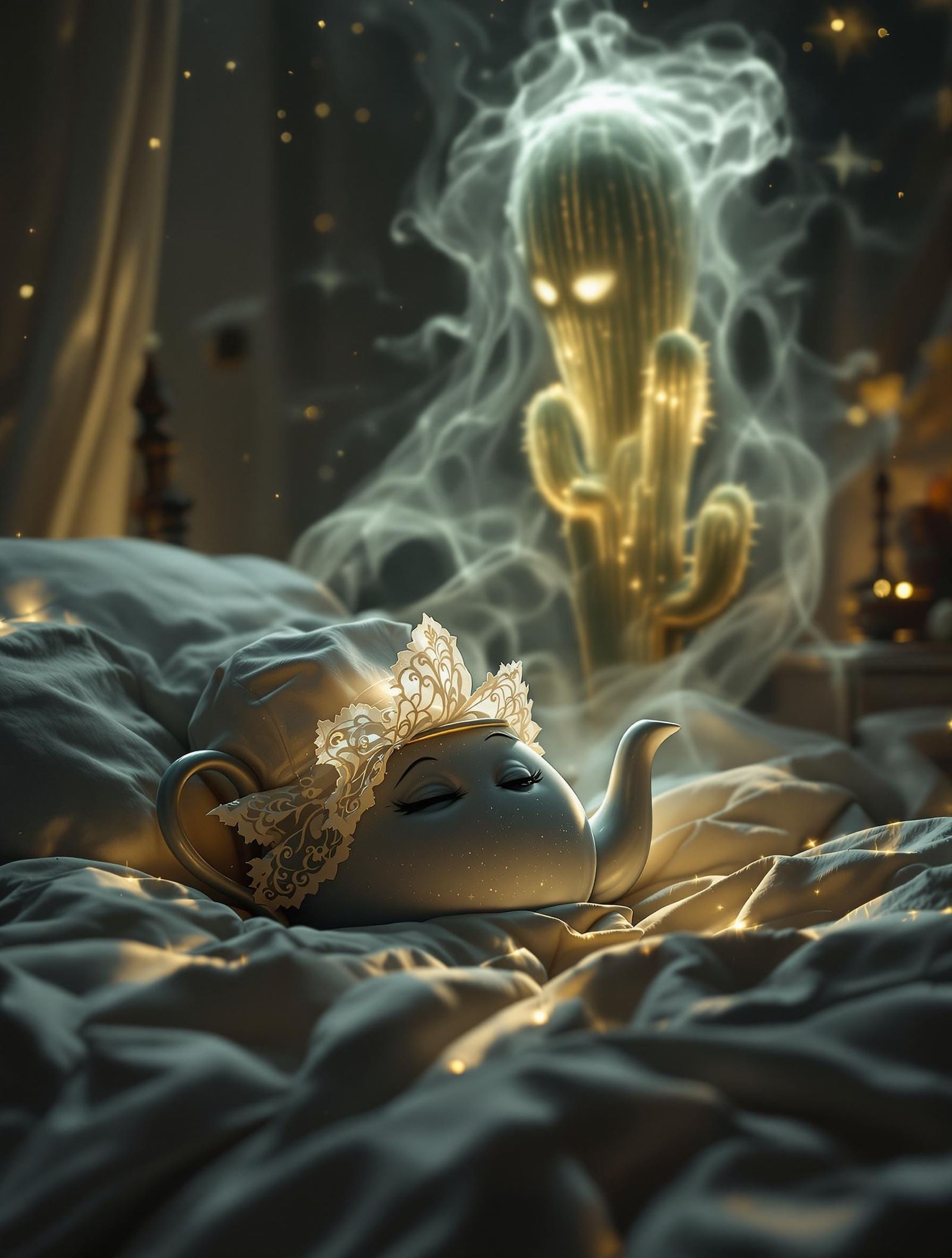 Surreal Teapot Cowers in Fear Amidst Dark Fantasy Realm