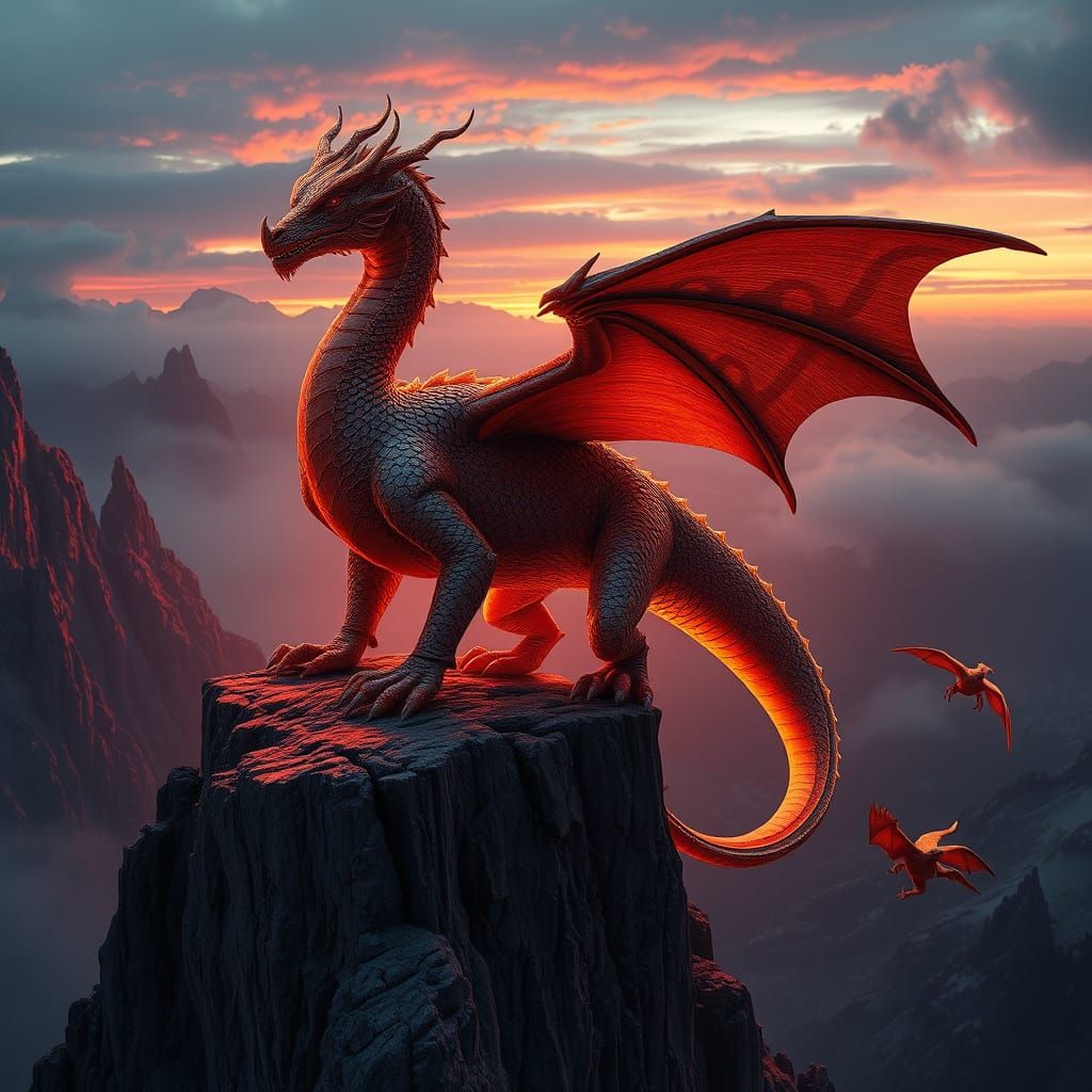 Epic Fantasy Dragon in Futuristic Sunset Landscape