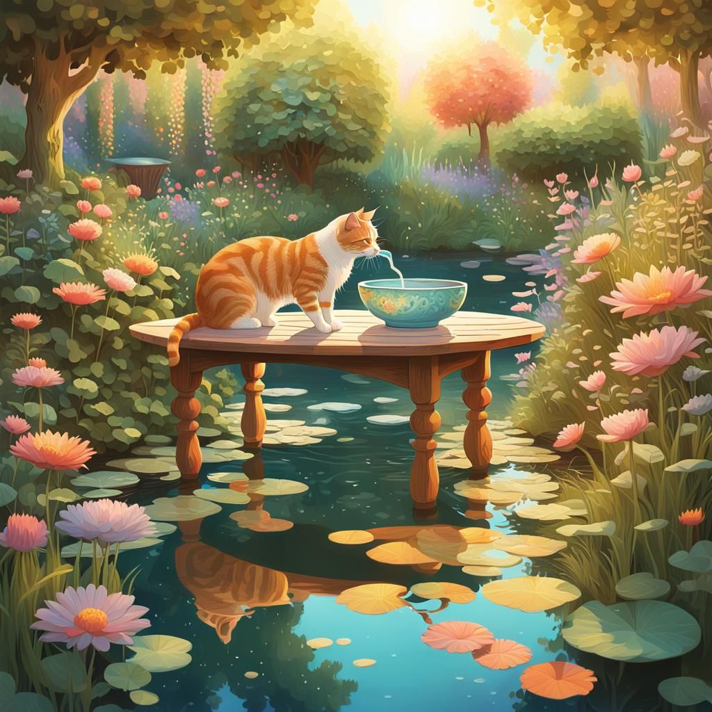 Whimsical Cat in Vibrant Garden Oasis