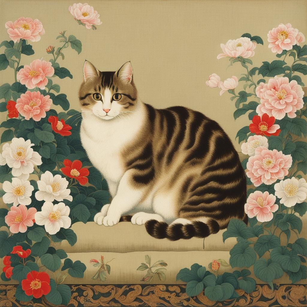 Cute Cat Surrounded by Flowers in Edo Style
