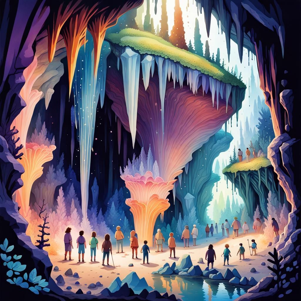 Mysterious Crystal Cave with Tiny People, Storybook Art