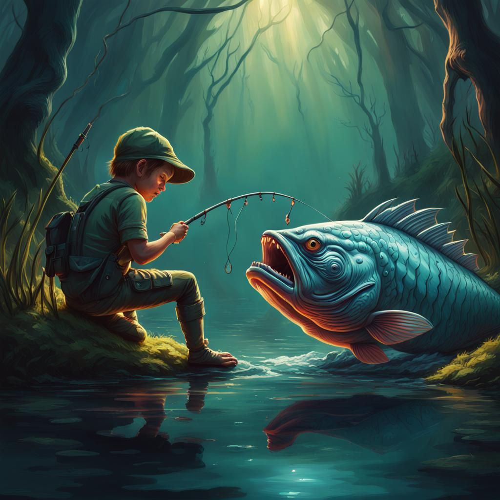 Youngling Angling for Mutant Fish in Dark Swamp