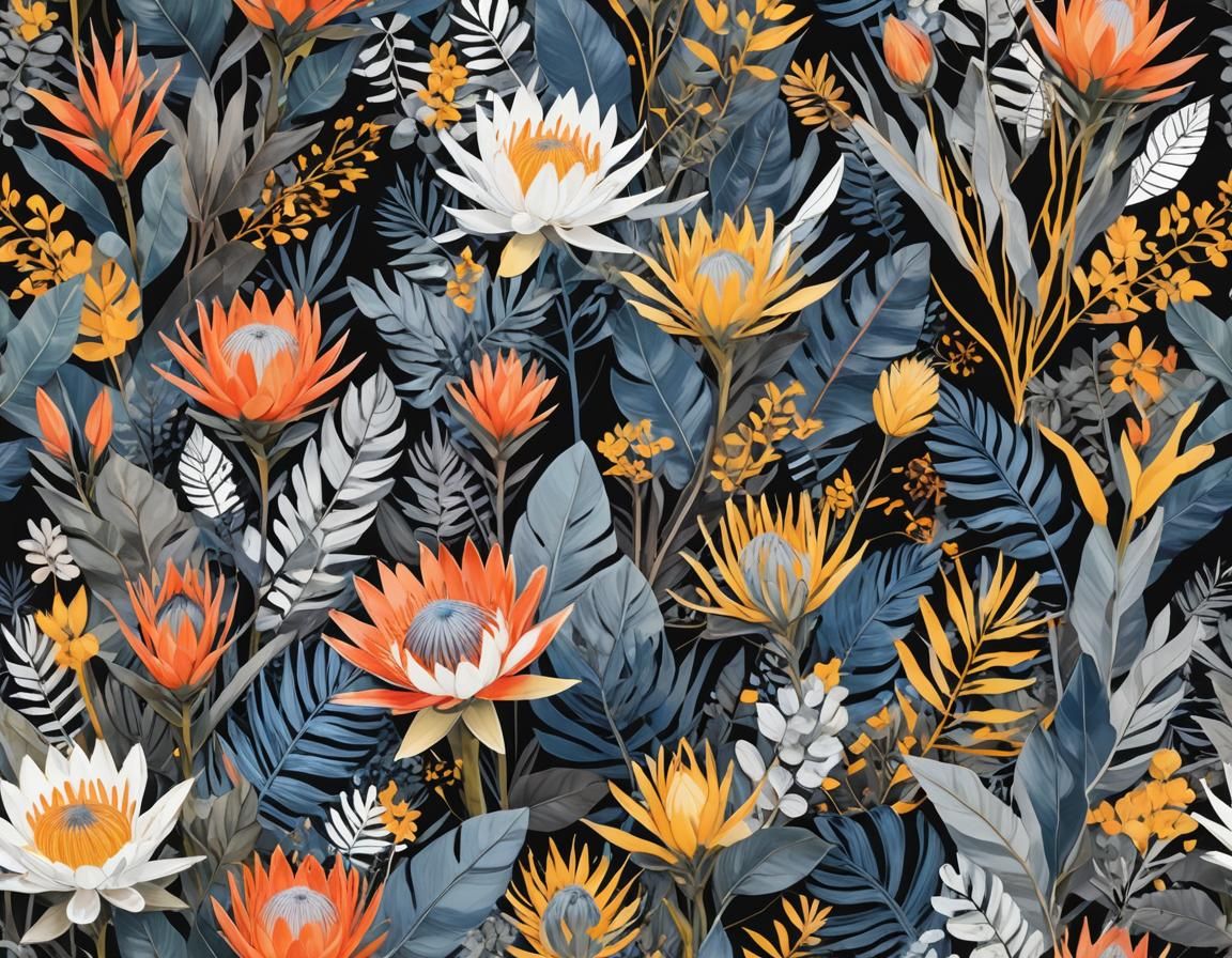 Vibrant Tropical Floral Pattern with Protea Blooms