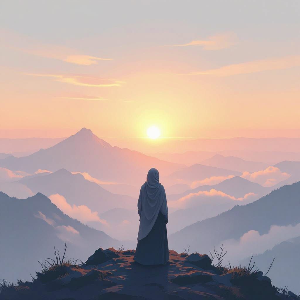 Serene Woman in Hijab at Misty Sunrise
