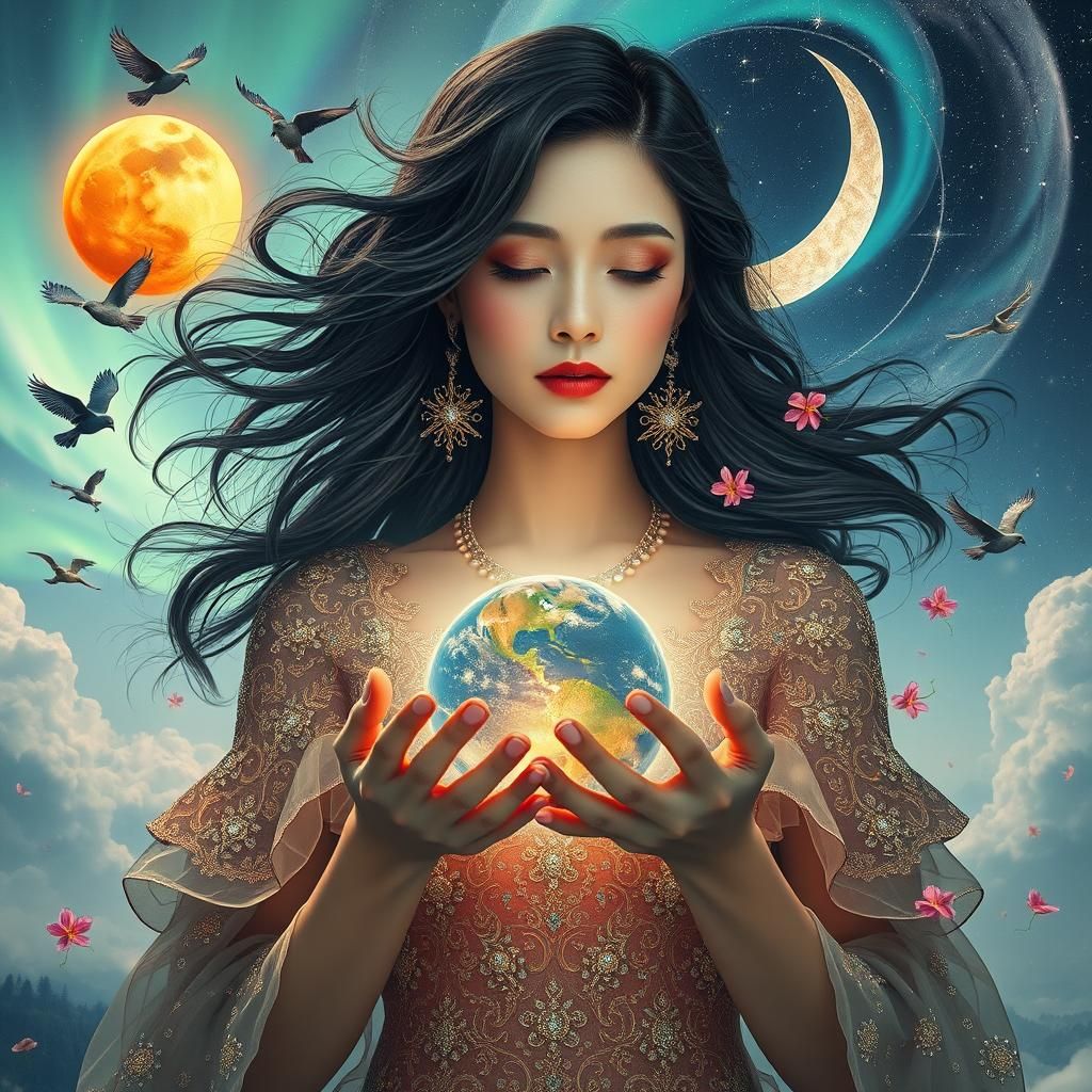 Woman Cradling Cosmos in Surrealist Style