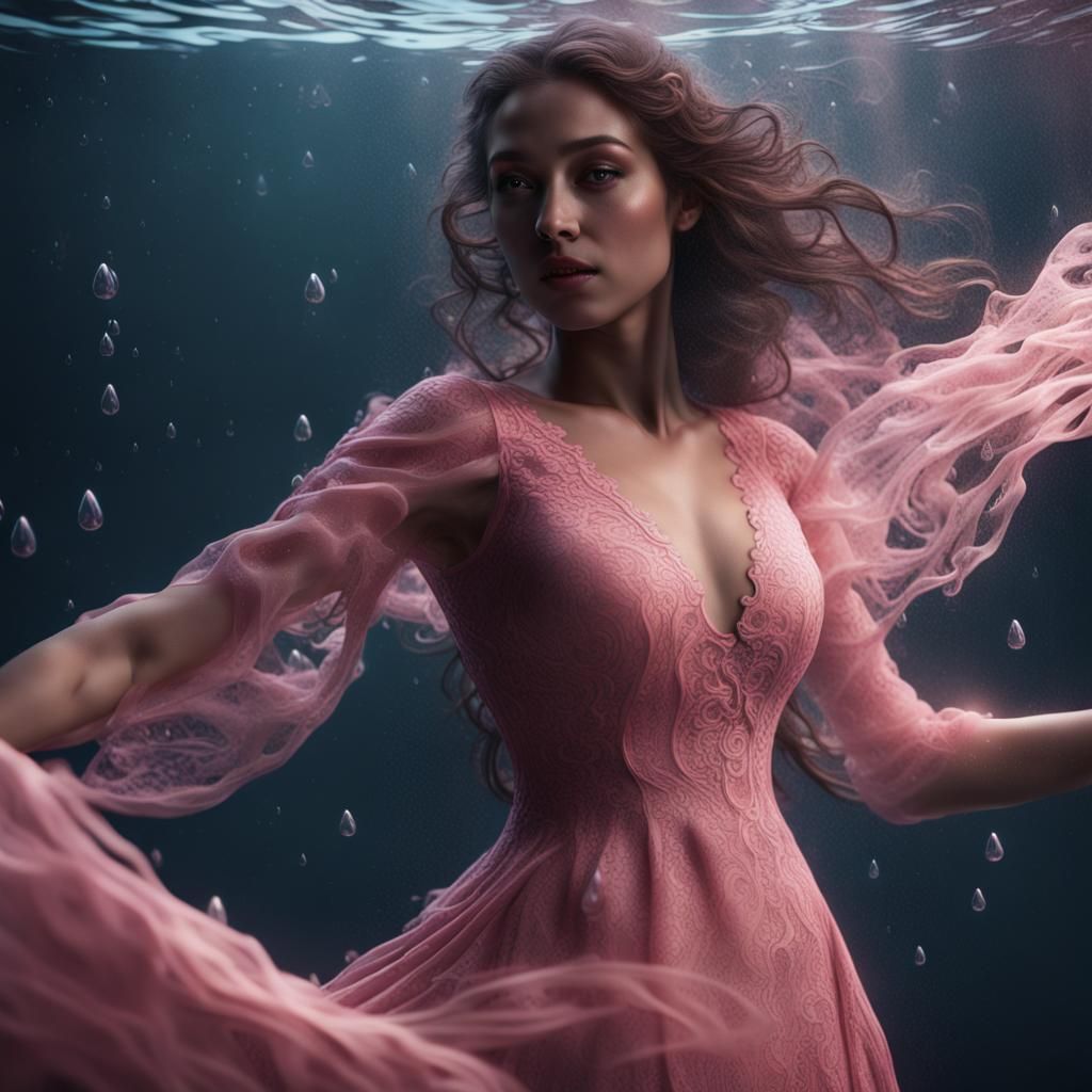Underwater Woman in Pink Dress, Hyperrealistic Art
