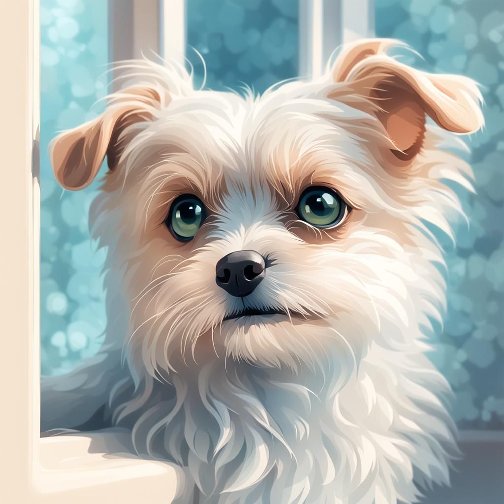 Whimsical Close-Up Portrait of a Small Dog in Pastel Colors