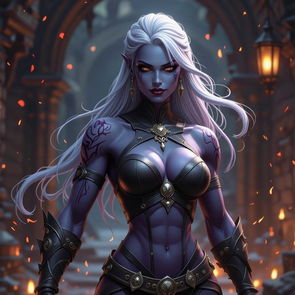 Muscle-bound Drow Woman in Dynamic Fantasy Art