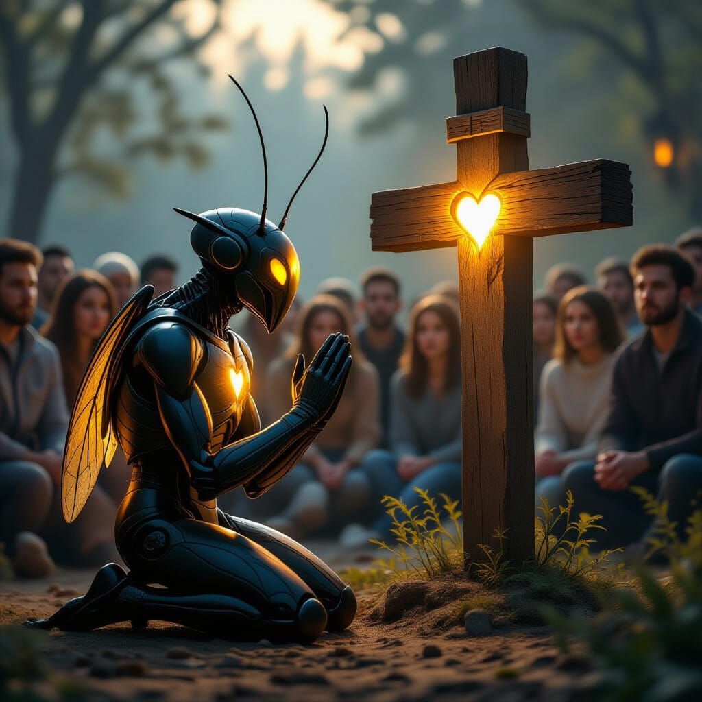 Insectoid Being Kneels Before Cross, Heart Glows Warmly