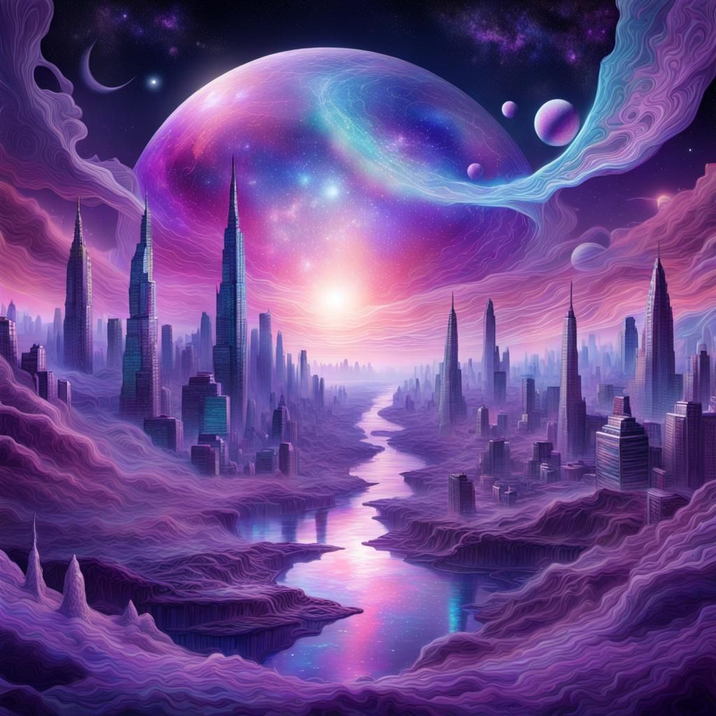 Cosmic Cityscape of Dreams in Holographic Illustration