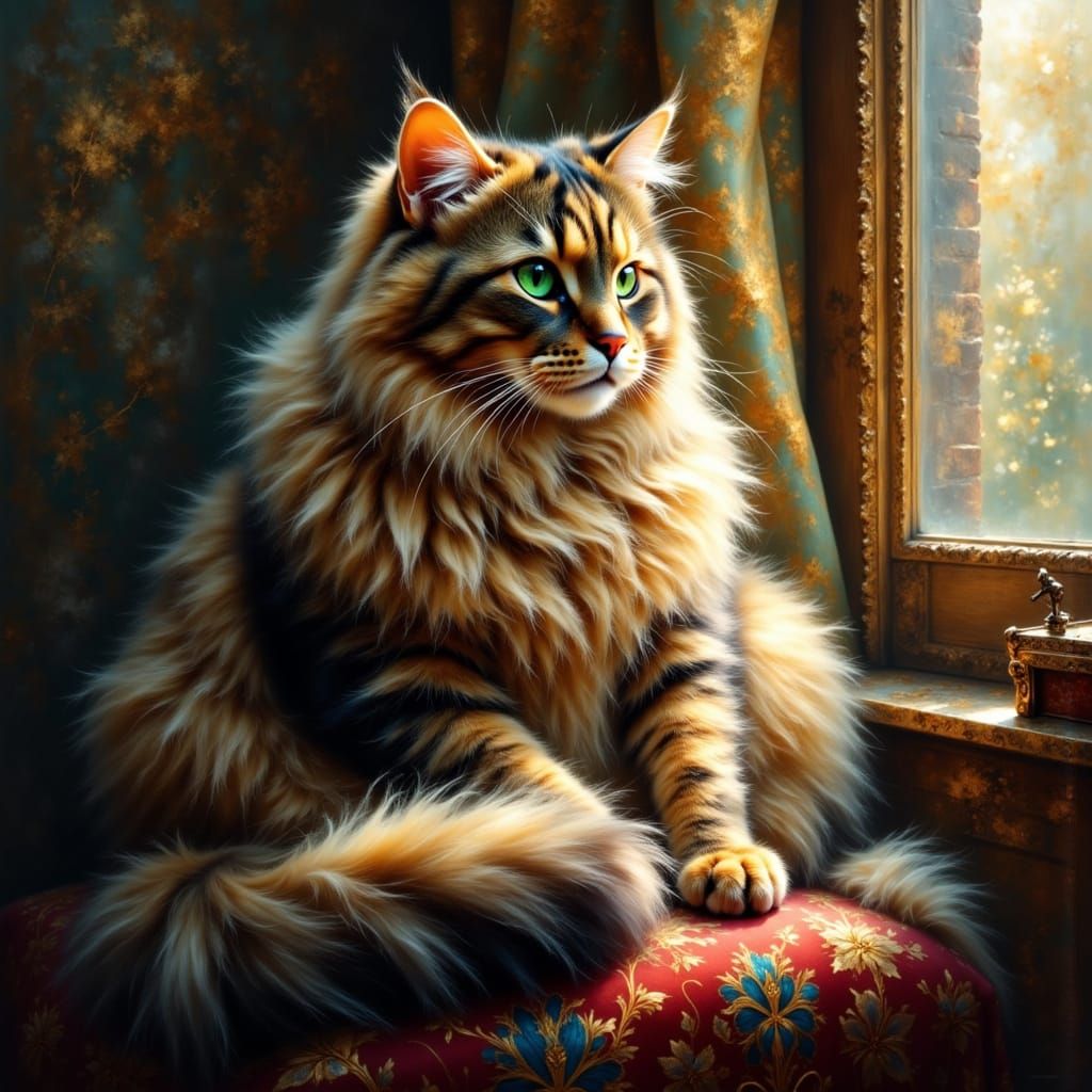 Majestic Fluffy Maine Coon Cat on Velvet Cushion
